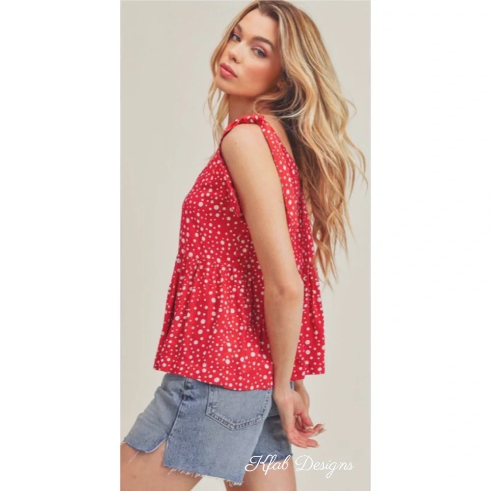❤️LAST 1! V Neck Red Peplum Adjustable Shoulder Tie Polka Dot Top! - Picture 5 of 6
